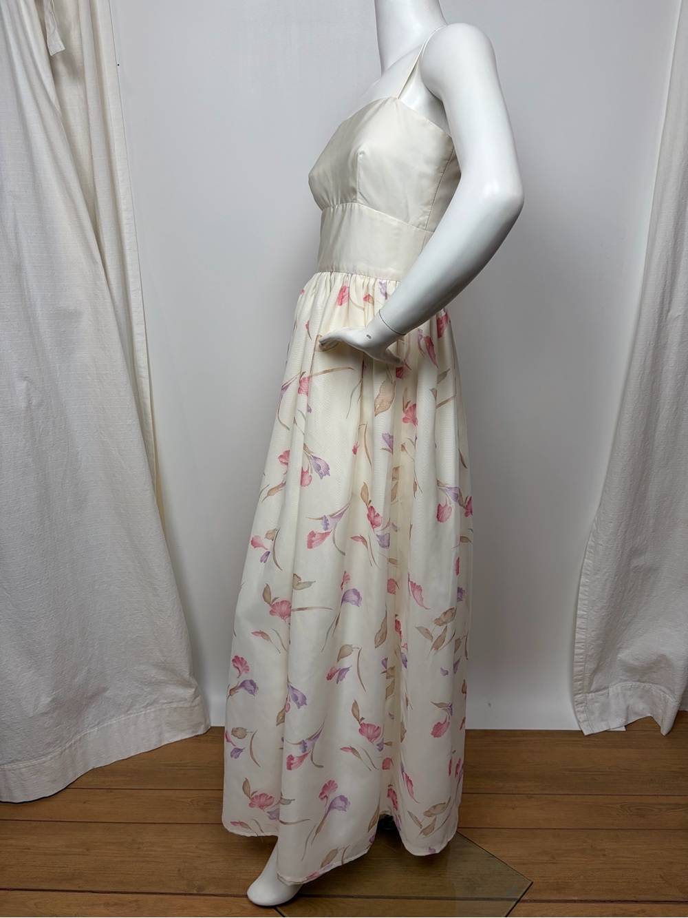 Vtg 70s Watercolor Floral Maxi Gown Strapless Empire Waist Cottagecore Bridal